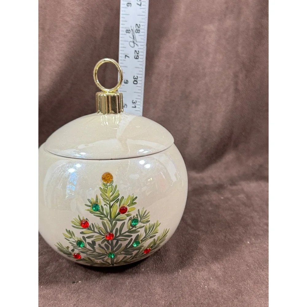 Teleflora Gift Christmas Ornament Ceramic Lidded Jar Rhinestone Tree Cream 6.5